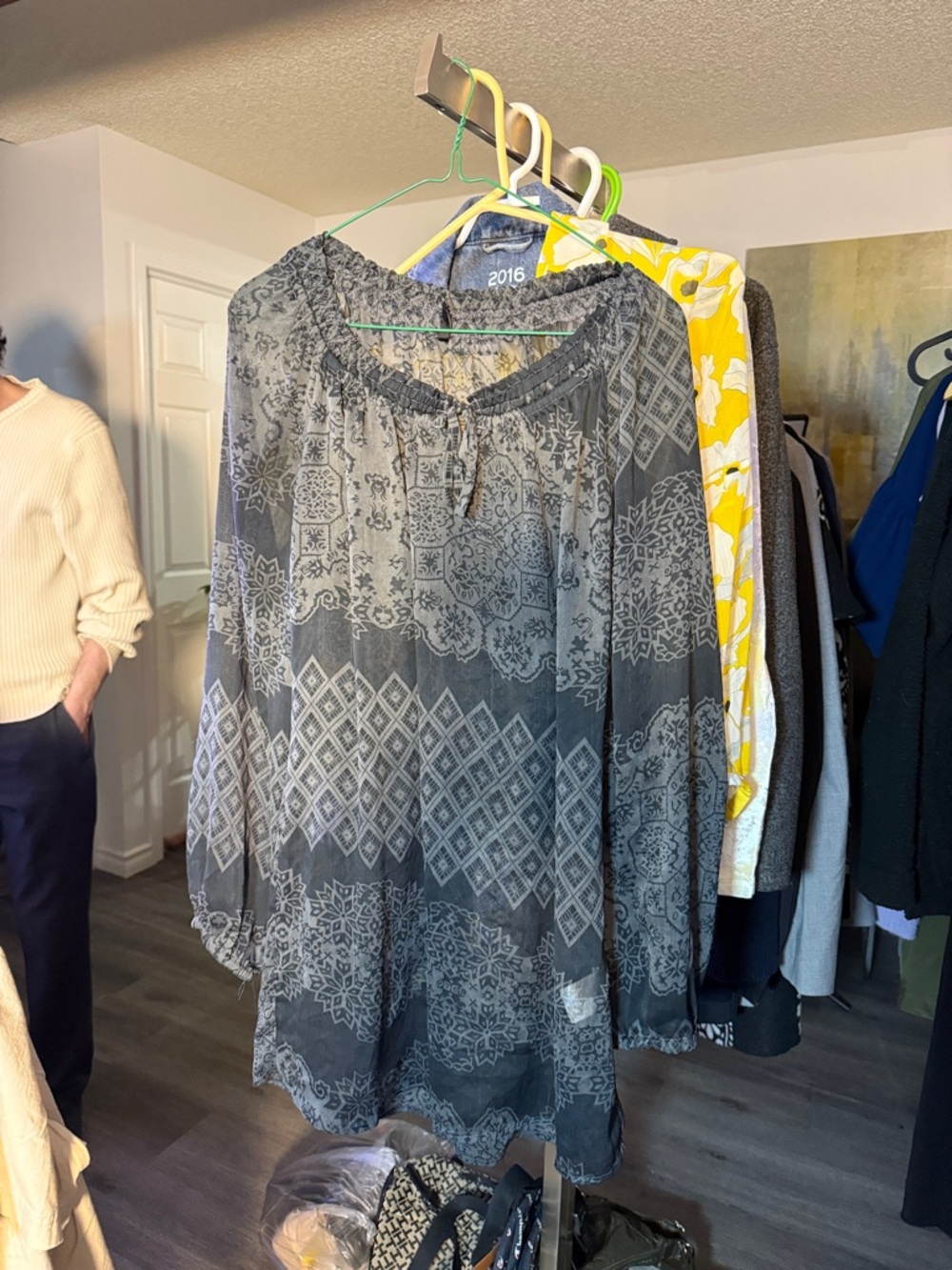 Medium Gray Patterned Boho Peasant Blouse - Lightweight Women's Top